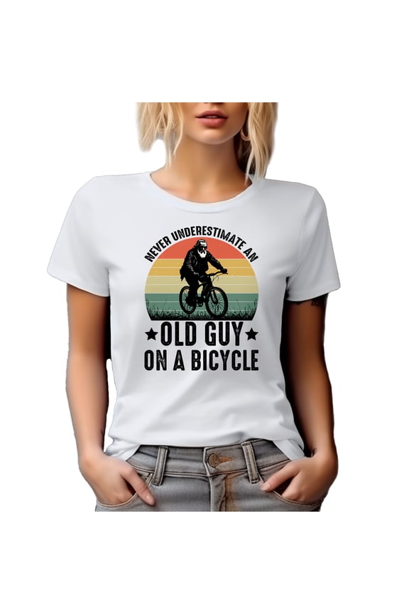 Retro Never Underestimate an Old Guy on a Bicycle, Bicyclist or Biker Grandpa, White T-Shirt, XL