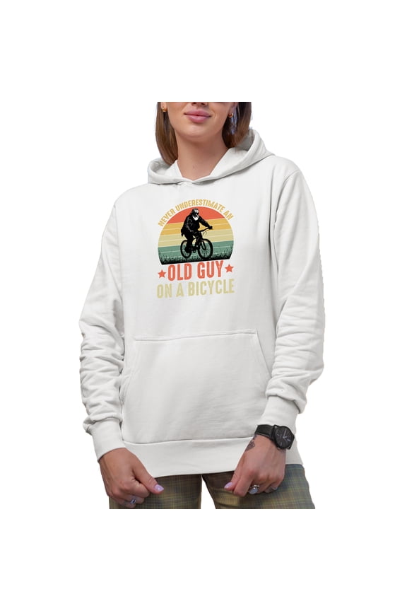 Retro Never Underestimate an Old Guy on a Bicycle, Biker or Bicyclist Grandpa, White Hooded Sweatshirt or Hoodie, XL