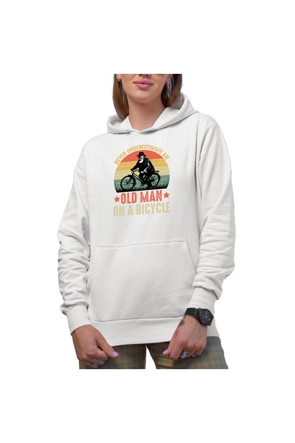 Retro Never Underestimate an Old Man on a Bicycle, Biker, Bicyclist or Cyclist Grandpa, White Hooded Sweatshirt or Hoodie, Medium