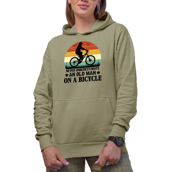 Retro Never Underestimate an Old Man on a Bicycle, Cyclist, Bicyclist or Biker Grandpa, Sand Hooded Sweatshirt or Hoodie, Medium