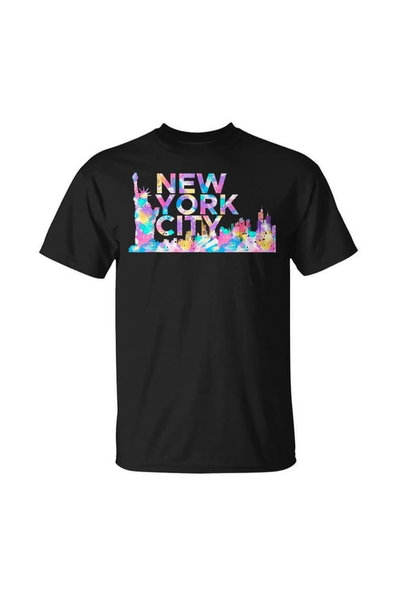 Retro New York City Skyline Graphic Tee Colorful Statue of Liberty Watercolor Unisex Adult T-Shirt Souvenir Apparel