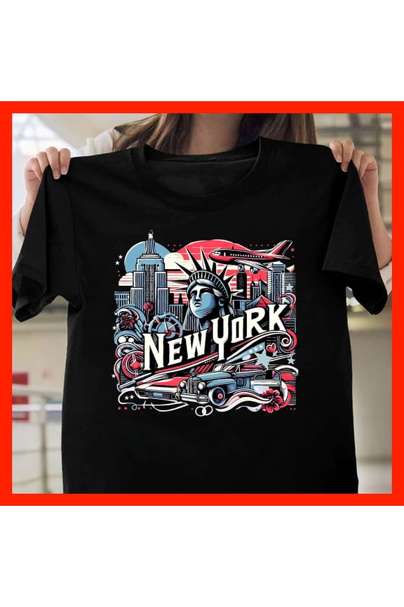 Retro New York City T-Shirt Statue of Liberty Skyline Airplane Vintage Car Graphic Tee NYC Travel Souvenir Gift T1932, Softstyle for Unisex, Inclusive Sizing