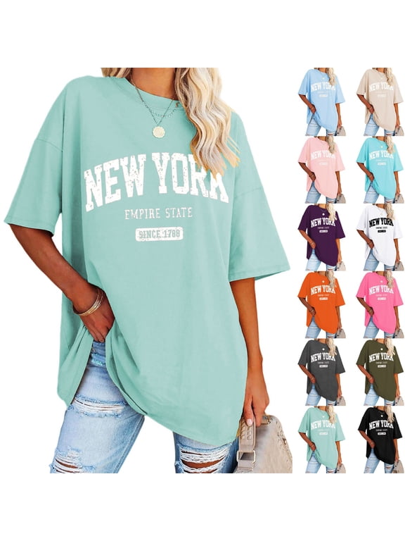 Retro New York City Varsity Typography Print T-Shirt Crewneck Half Sleeve Loose Fit Longline Tunic Tee Women