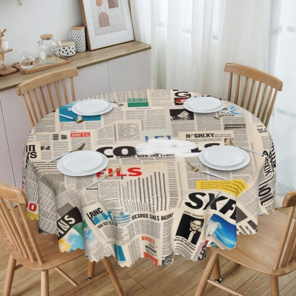 Retro Newspaper Collage With Bold Typography Round Tablecloth Waterproof Oil-Proof Plastic Table Cloth Stain-Resistant Wipeable 60" for Camping, Dining, Indoor and Outdoor