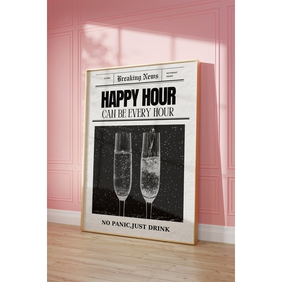 Retro Newspaper Happy Hour Poster: Black & White Bar Cart Art Pdf, Unframed Poster Size 8x12