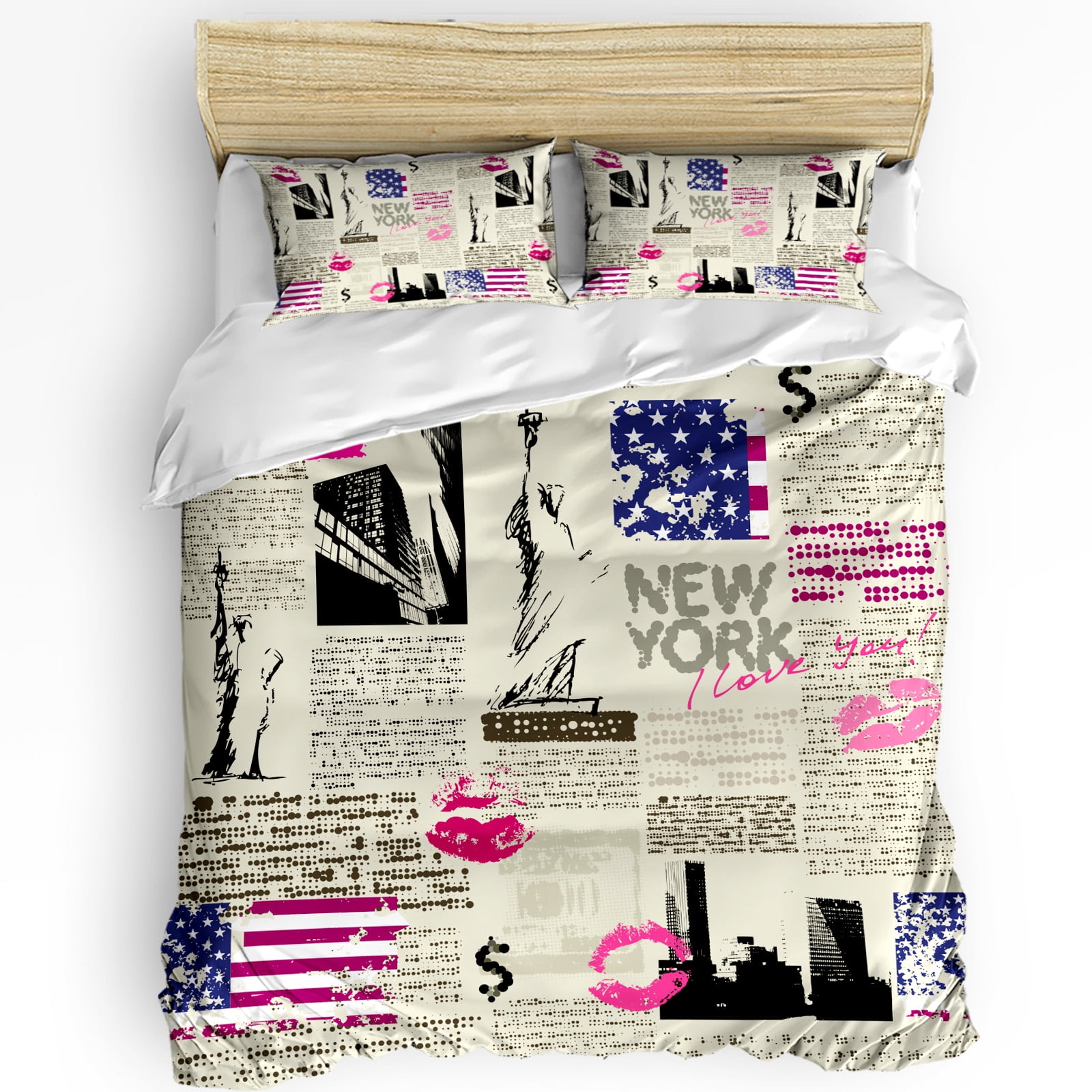 Retro Newspaper New York Duvet Cover Bed Bedding Set Double Home