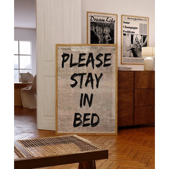 Retro Newspaper Please Stay In Bed Typography Art, Unframed Paper Poster 8x10in