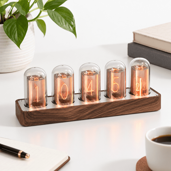 Retro Nixie Tube Clock with RGB Display, Alarm, Timer, Wifi Sync, No Assembly Required, Wood Grain Finish