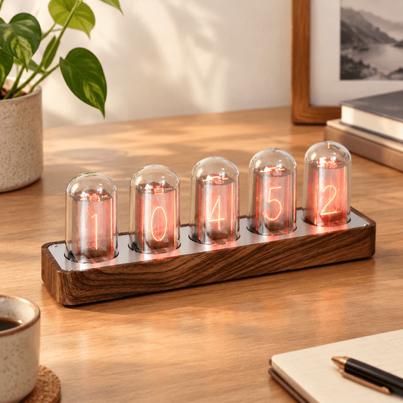 Retro Nixie Tube Clock with Sync Alarm Timer 12/24h Display Wood Grain Finish