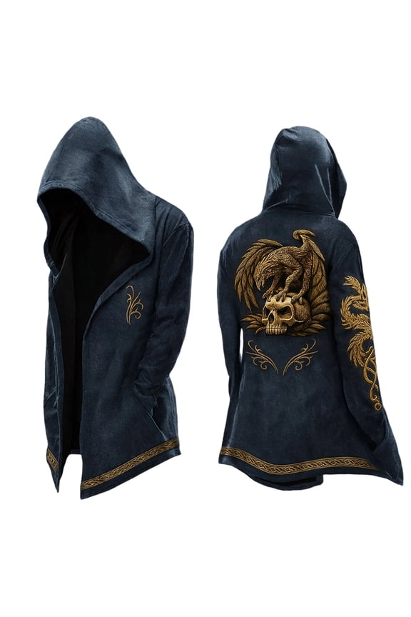 Retro Nordic Myth Hooded Jacket Mens Mid Length Biker Jacket Cardigan Spring Fall Navy XL