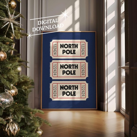 Retro North Pole Admission Ticket Print Winter Bar Cart Decor, Unframed Poster