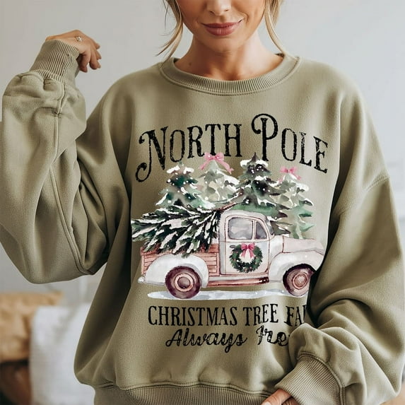 Retro North Pole Christmas Tree Farm Sweatshirt – Vintage Truck Holiday Graphic, All Sizes & Colors