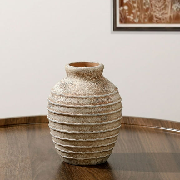 Retro Nostalgic Rough Clay Pottery Vase, Vintage Handmade Style Home Decor Items,Hand-Painted with Ribbed Textured Boho Farmhouse Decor for Table Centerpiece, Living Room,