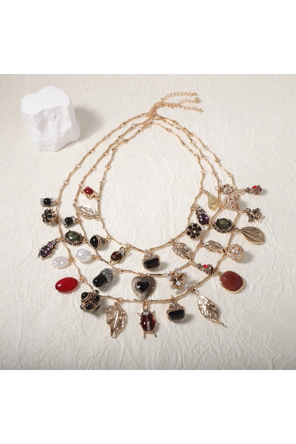 Retro Novelty Multi-layer Insect Leaf Heart-shaped Geometric Tassel Pendant Necklace For Women Beach Party Clavicle Jewelry