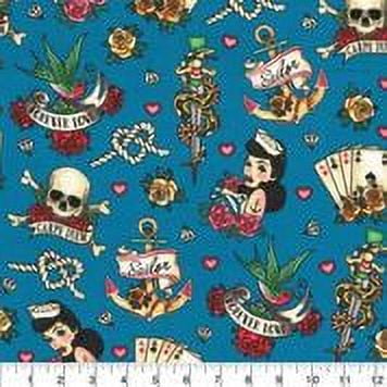 Retro Novelty Tattoo Motifs 44" 100% Cotton Fabric One-Yard Precut, Teal