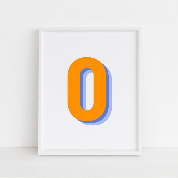 Retro Number 0 Print Monogram Number Zero Orange Navy Number Initial Birthday Age Print Wall Art