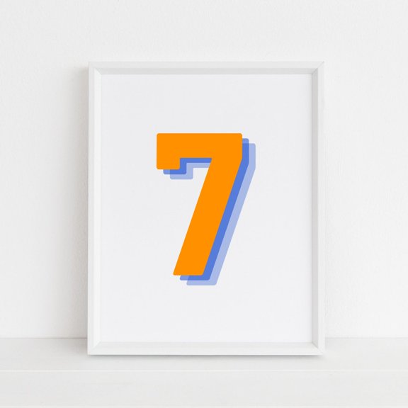 Retro Number 7 Print Monogram Seven Print Orange And Navy Number 7Th Initial Birthday Age Print Wall Art