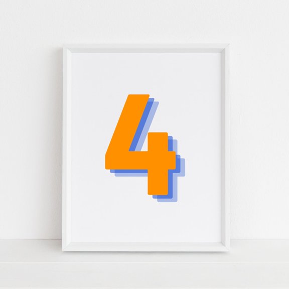 Retro Number Four Orange Navy Monogram Decor Wall Art Unframed Paper Print