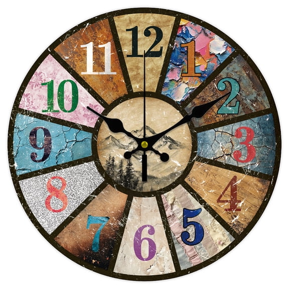 Retro Numbers Wall Vintage Texture Clock Mountains Non-Ticking Clock 12 Inch Round Decorative Clocks Printed Wall Clocks for Home Office Decoration
