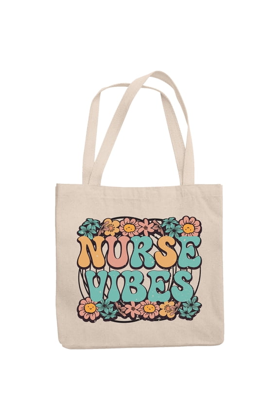 Retro Nurse Vibes, Floral & Groovy Text, 12oz Canvas Tote Bag