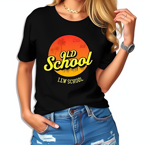 Retro 'OLD School' Cotton Short Sleeve T-Shirt with Sunset Gradient and Tree Silhouettes - Trendy Casual Wear