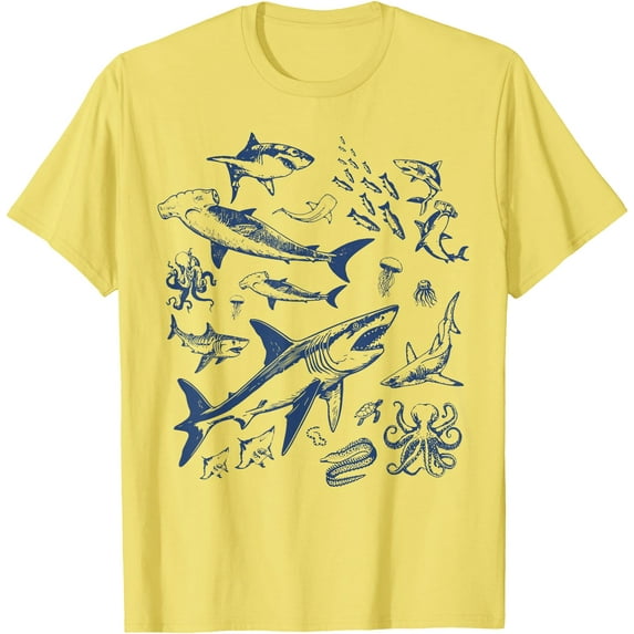 Retro Ocean Animal Wildlife Shark Fish Octopus Nature Unisex T-Shirt for Men Women Kids Toddler,Cornsilk Color,Size 3XL