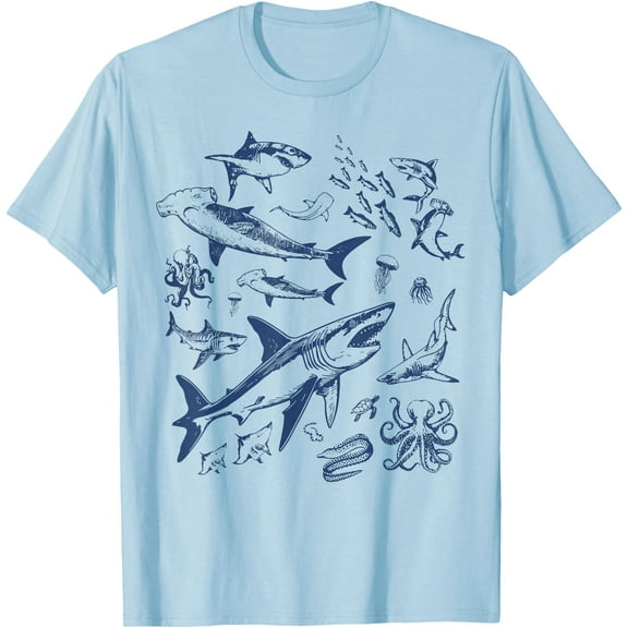 Retro Ocean Animal Wildlife Shark Fish Octopus Nature Unisex T-Shirt for Men Women Kids Toddler,Light Blue Color,Size 3T