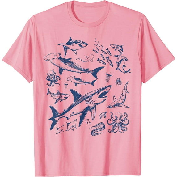 Retro Ocean Animal Wildlife Shark Fish Octopus Nature Unisex T-Shirt for Men Women Kids Toddler,Light Pink Color,Size XL