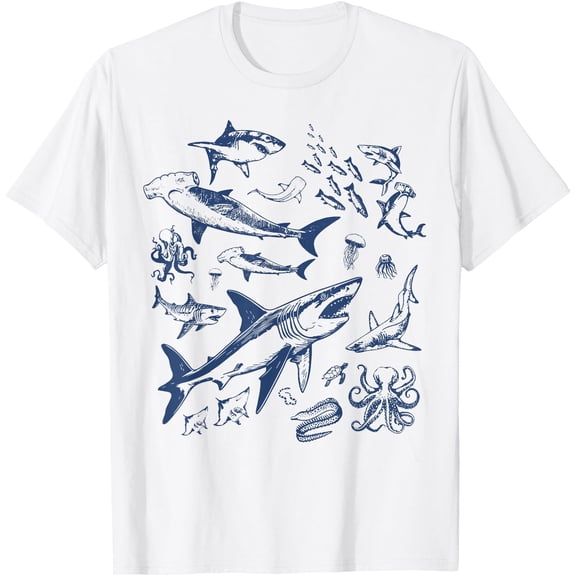 Retro Ocean Animal Wildlife Shark Fish Octopus Nature Unisex T-Shirt for Men Women Kids Toddler,White Color,Size 4XL