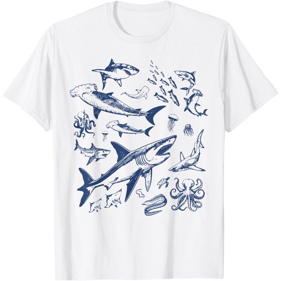 Retro Ocean Animal Wildlife Shark Fish Octopus Nature Unisex T-Shirt for Men Women Kids Toddler,White Color,Size YL