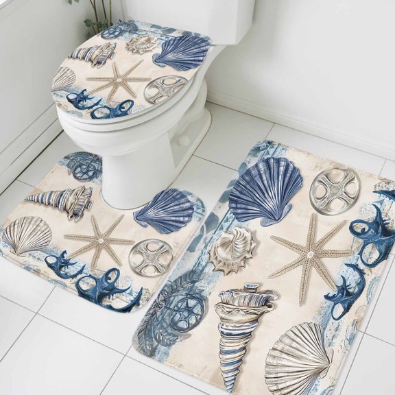 Retro Ocean Bathroom Rugs Set Sand Money Non Slip Absorbent Soft Bath Mats 3 Piece Set with Bathroom Rug, U-Shaped Floor Mat, Toilet Seat Cover Small Size