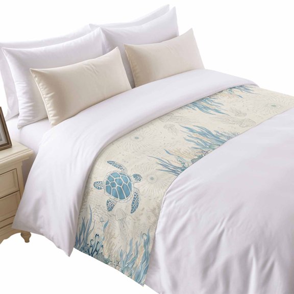 Retro Ocean Bed Runner for Twin Size Bed, Blue Beige Sea Turtles Shells Jellyfish Seaweed Soft Bedding Scarf Bedding Protector Slipcover Sofa Throw for Bedroom Hotel Guesthouse