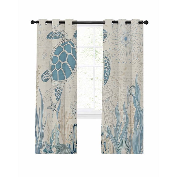 Retro Ocean Blackout Curtains for Bedroom Living Room, Blue Beige Sea Turtles Shells Jellyfish Seaweed 45 In Long Thermal Insulated Room Darkening Drapes Grommet Window Treatments, 42 x 45 In