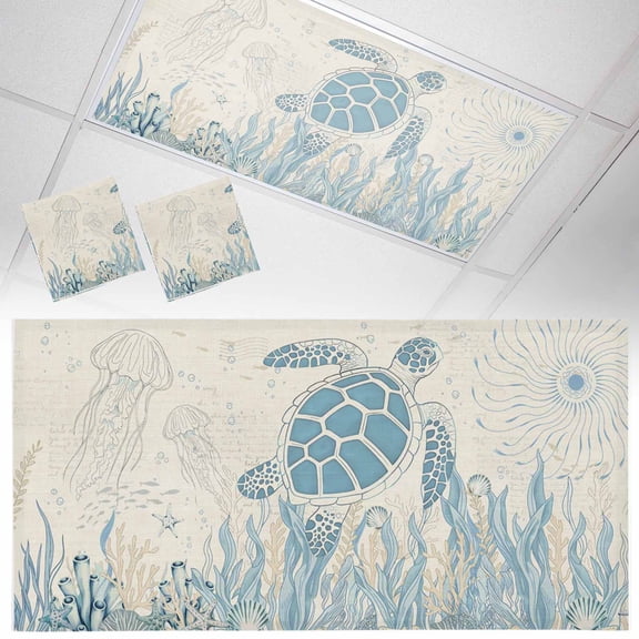 Retro Ocean Fluorescent Light Covers Blue Beige Sea Turtles Shells Jellyfish Seaweed Magnetic Light Filters Ceiling Lighting Panel Shade for Classroom Office Home 2 x 4 ft, 2 Pack