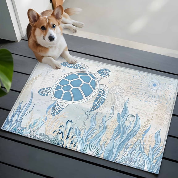 Retro Ocean Front Door Rugs 2x3 ft Blue Beige Sea Turtles Jellyfish Seaweed Shells Small Rug for Entryway Non Slip Washable Bathroom Door Mat Absorbent Floor Mat for Indoor Entrance