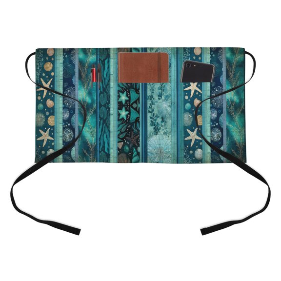 Retro Ocean Kitchen Restaurant Half Waist Apron, Blue Stripes Starfish Coral Seaweed Turquoise Server Short Apron with 3 Pockets Waterproof Oil Waist Aprons for Women Waitress Waiter