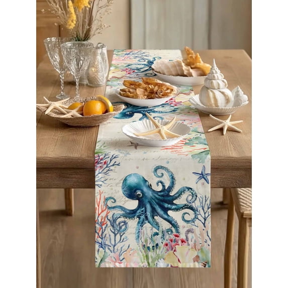 Retro Ocean Octopus Blue Summer Beach Table Runner 13x90in Non-Slip Cotton Linen Table Runners, Nautical Coastal Starfish Dresser Scarves TableRunner for Dinner Kitchen Dining Wedding Party