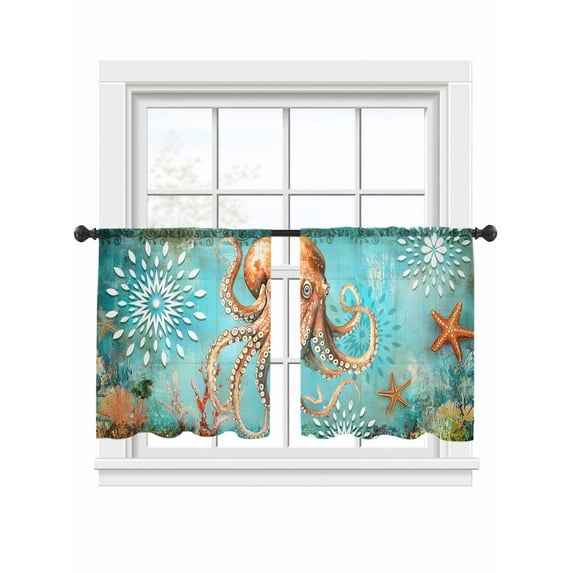 Retro Ocean Octopus Sheer Curtains 45 Inch Long 2 Panels, Marine Life Starfish Watercolor Light Filtering Rod Pocket Curtains, Sheer Voile Drapes for Living Room Bedroom, 52"x45"