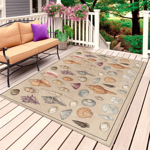Retro Ocean Outdoor Rug 4x6 Ft, Non Slip Washable Area Rug, Brown Coastal Shells Conch Underwater Patio Rugs Carpet Runner, Large Floor Mat for Indoor/Outdoor Deck Porch Camping