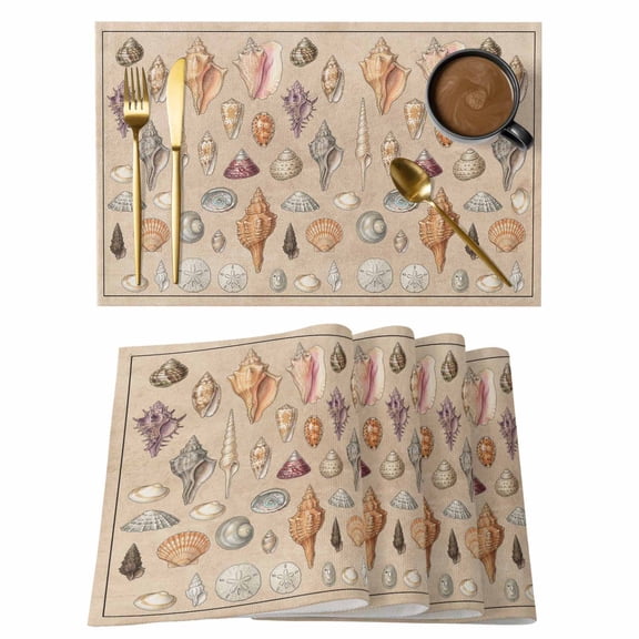 Retro Ocean Placemats Set of 8 Brown Coastal Shells Conch Underwater Place Mats Indoor Wipeable Table Mats Washable Cloth Dining Table Placemats for Kitchen Holiday Party Home Decor 13x19 Inch