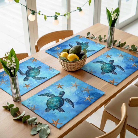 Retro Ocean Sea Turtle Starfish on Blue Placemats Set of 4,Wipeable Washable Table Mats for Dining Tables, Underwater World Place Mats for Kitchen Event Party Tabletop Decor