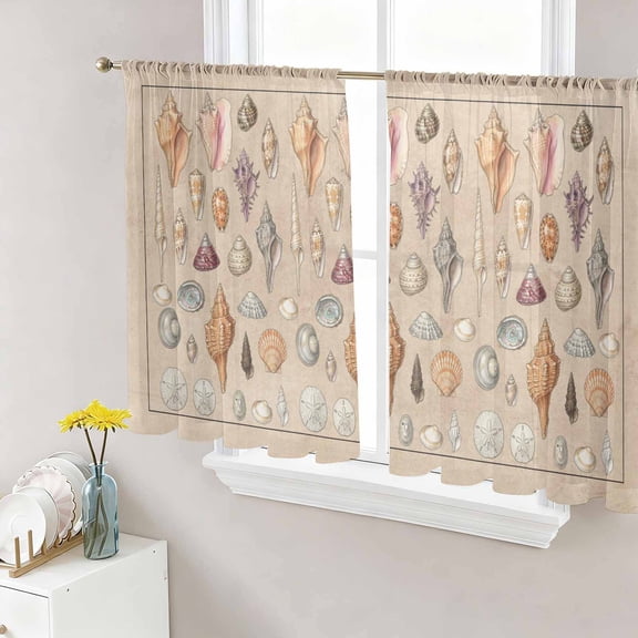 Retro Ocean Sheer Curtains 54 Inch Length 2 Panels Set, Brown Coastal Shells Conch Underwater Voile Window Treatment Rod Pocket Short Kitchen Curtains Drapes for Bedroom 52"x54"x2