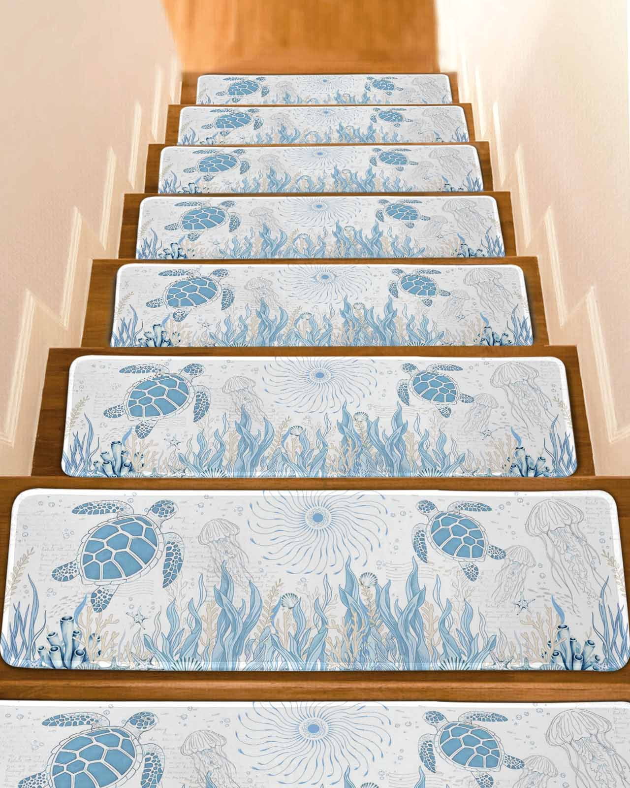 Retro Ocean Stair Treads Blue Sea Turtles Jellyfish Seaweed Shells ...