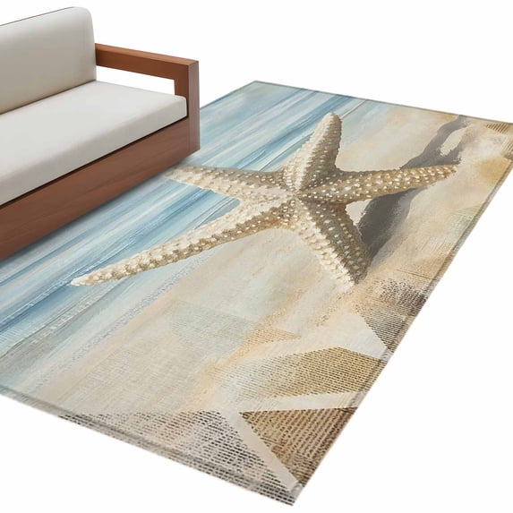 Retro Ocean Starfish Area Rug 4x6ft Coastal Vintage Watercolor Beach Marine Life Non-Slip Washable Square Rugs Soft Felt Indoor Floor Mat for Bedroom Kitchen Living Room Bathroom