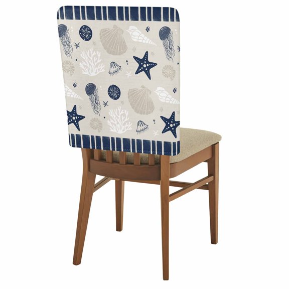 Retro Ocean Striped Chair Back Covers Set of 4 Starfish Shell Coral Navy Blue Removable Dining Chair Slipcovers Washable Seat Protector for Restaurant Party Banquet Kichen Decor