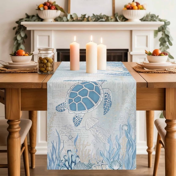 Retro Ocean Table Runner, Blue Beige Sea Turtles Jellyfish Seaweed Shells Cotton Linen Kitchen Table Decoration Washable Dining Tabletop Runners for Home Party Decor 13x36 Inches