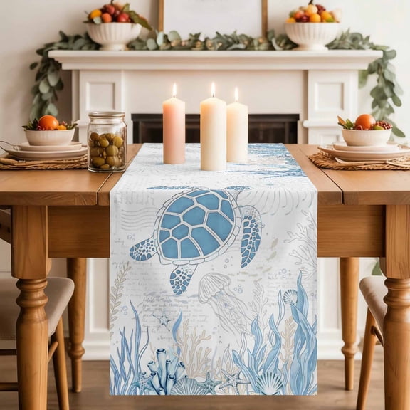 Retro Ocean Table Runner, Blue Sea Turtles Jellyfish Seaweed Shells Coral Cotton Linen Kitchen Table Decoration Washable Dining Tabletop Runners for Home Party Decor 13x36 Inches