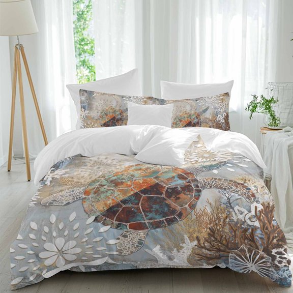 Retro Ocean Turtle Comforter Set Twin Size, Marine Life Starfish Watercolor Soft Bedding Set for Man Woman, 4 Pieces Duvet Cover Set with Fitted Sheet, 2 Pillowcases