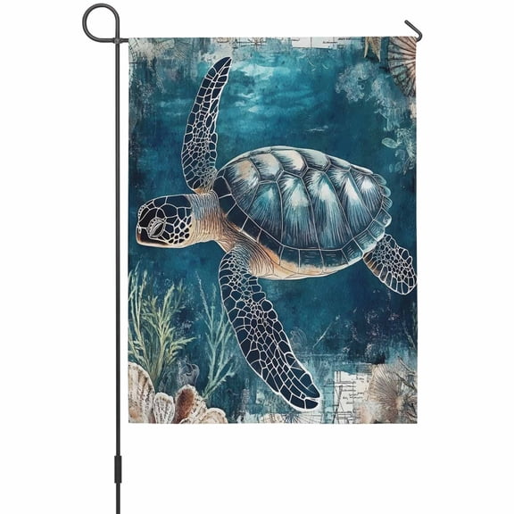 Retro Ocean Turtle Garden Flags For Outdoor, Vintage Nautical Sea Marine Life Seaweed Seashells Small Double Side Yard Flags Weather Proof Garden Decor for Lawn Outside Holiday 12 x 18 Inches