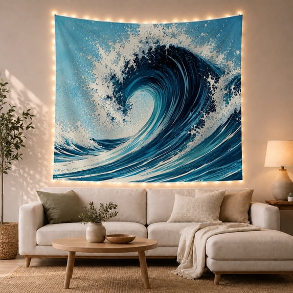Retro Ocean Wave in Deep Blue Watercolor, Energetic Coastal Wall Art for Ocean Lovers, Nautical Home Decor Housewarming Gift, Tapestry Wall Hanging for Living Room and Bedroom